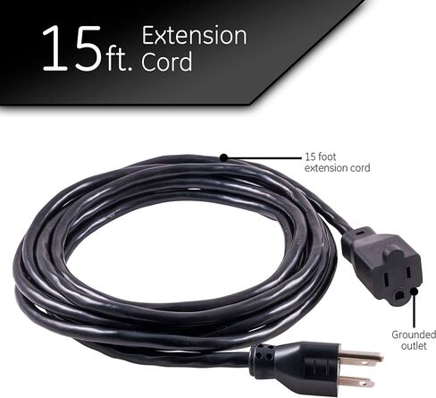GE Outdoor Extension Cord Waterproof, Heavy Duty Extension Cord, 16AWG 3 Prong Extension Cord Outdoor, 13 Amp 15 Ft Extension Cord, Long Extension Cord, UL Listed, Black, 50369 in Saudi Arabia