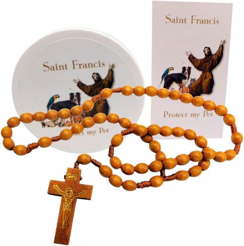 Westmon Works Saint Francis Rosary Set Wood Beads and Wooden Cross in a Case with Holy Patron of Pets Prayer Card in Saudi Arabia
