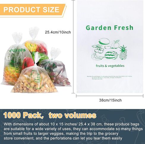 1000 Pcs Plastic Produce Bags Narrow Profile Bags 10 x 15 Inches Clear HDPE Produce Bags for Grocery Food Vegetable Storage, 2 Rolls in Saudi Arabia