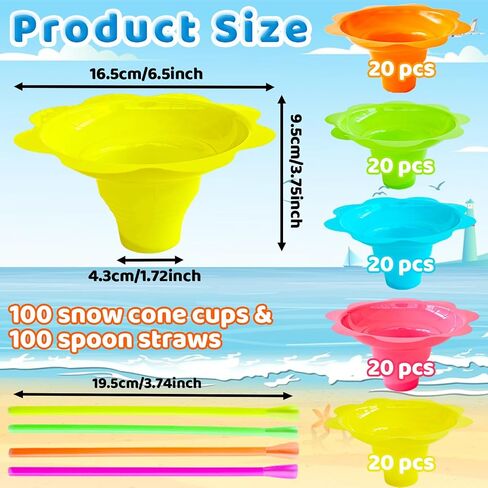 200PCS 8oz Colorful Flower Shaped Snow Cone Cups with Spoon Straws,Plastic Shaved Ice Drip Cups Reusable Plastic Snack Ice Cream Bowls for Kids Party Summer Cookout Food Service in Kuwait