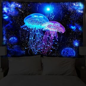 Koonafy Blacklight Jellyfish نسيج الأشعة فوق البنفسجية رد الفعل قنديل البحر الخيال المحيط تحت الماء نسيج الجدار شنقا كبير نسيج Trippy نسيج سحري نسيج الفن لغرفة النوم (50''X60'')
