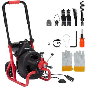 100Ft x 1/2" Drain Cleaner Machine Auto-feed Electric Drain Auger with 6 Cutters, Glove, Drain Auger Cleaner Sewer Snake