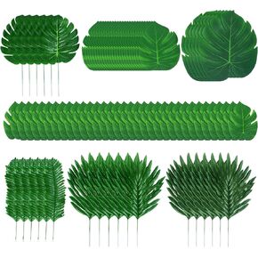 88 قطعة من أوراق النخيل الاستوائية الاصطناعية أوراق Monstera وأوراق النخيل المجففة وأوراق شجرة وهمية خضراء مع سيقان لحفلات الغابة الاستوائية في هاواي وحفلات الشاطئ وغرفة الزفاف لتزيين الحائط in Kuwait