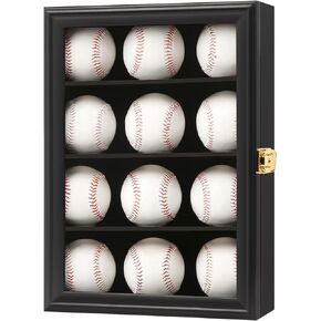 Baseball Display Case-Wood Baseball Holder Cabinet Wall Mount with Lockable 98% UV Protection Acrylic Door for Autograph Balls Collection Storage Small Black