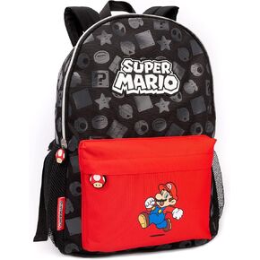 Super Mario Nintendo Backpack For Boys & Girls | Kids Toad Mushroom Black School Rucksack 16" | Gamer Bag Adjustable Straps