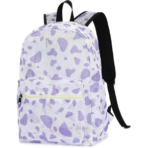 Mesh School Backpack for Girls Women, Heavy Duty See Through College Bookbag School Bag with Storage Bag (Checkered Purple)
