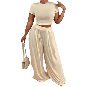 GORGLITTER Women's 2 Piece Drippy Outfits Y2K Short Sleeve Crew Neck Crop Top Shirt and Pleated Wide Leg Pants Set in Saudi Arabia