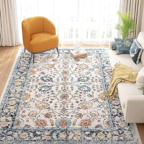 Area Rug 2x3 Small Washable Rug with Non Slip, Rugs for Living Room Vintage Rug Traditional Mat, Distressed Indoor Foldable Thin Rug Retro Accent Rug, Beige