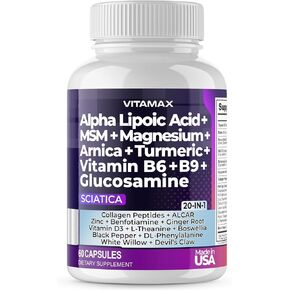 Sciatica Nerve Health Support - Sciatic Nerve Supplement Capsules with Folic Acid, Pea, Glucosamine, MSM, Vitamin B Complex, Alpha Lipoic Acid 300mg - Made in USA (60 Count (Pack of 1))