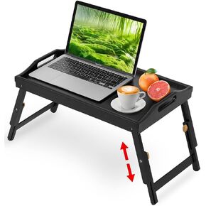 Large Breakfast Bed Tray for Eating - Height Adjustable Raised Food Table - Bamboo Serving Tray on Lap Sofa - Portable Snack Platter with Folding Legs Ideal for Bedroom Picnic - Black
