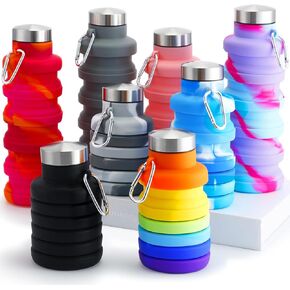 8 Pcs Collapsible Water Bottles 17oz 500ml Silicone Foldable Water Bottle with Carabiner Lightweight Foldable Water Bottles BPA Free Expandable Water Bottle Foldable Leakproof