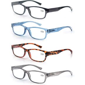 MODFANS 4 Pack Reading Glasses Men and Women Rectangle Readers for men Spring Hinge BLack Gray Blue