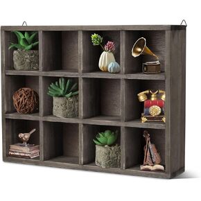 Flexzion Wooden Cubby Shelf - 12-Compartment Floating Hanging Wall Display Shelf Wood Rustic Brown Knick Knack Shelf, Versatile Wall Compartment Shelf with D-Ring Mounting Tabs