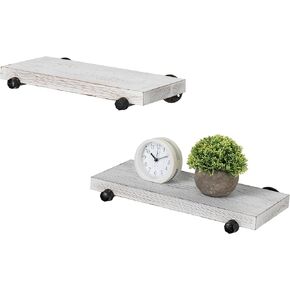 MyGift 16-Inch Rustic White Wood Wall-Mounted Floating Shelves with Black Metal Pipe Brackets, Urban Industrial Wall Hanging Storage and Display Shelf, Set of 2