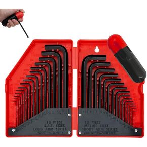 AMM 31 PCS Hex Key Allen Wrench Set, SAE and Metric Allen Key Set MM(0.7mm-10mm) SAE(0.028"-3/8), Torque Handle, L Shape, Chrome Vanadium Steel