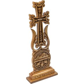 HandCraftoria Unique Wooden Table cross standing Wooden Armenian cross with Ararat and Pomegranate Ornaments Cross for Desk best Armenian gift souvenir (Beige)