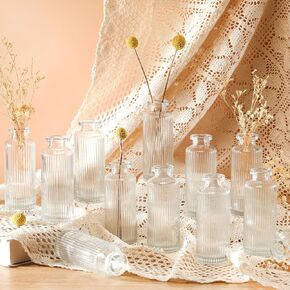 12 Pcs Glass Bud Vases, Small Ribbed Glass Flower Vases Bulk for Centerpieces Mini Vintage Modern Vase Wedding Anniversary Events Home Table Decorations(Clear)