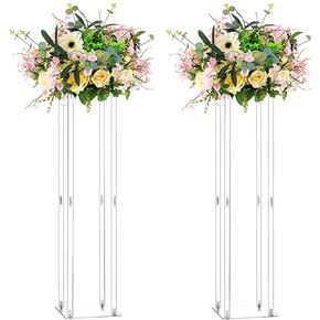 2 Pcs Wedding Centerpieces Table Acrylic Vases with Chandelier Crystal - 31.5in Tall Clear Rectangular Flower Stand Geometric Flower Centerpiece Vase Party Tables Decorations