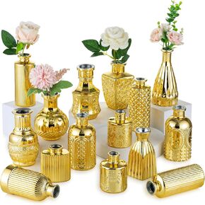 NUPTIO Bud Vases Bulk Gold: 15 Pcs Glass Small Vase Set for Flowers - Mini Vintage Flower Bottle Single Assorted Vases for Wedding Centerpieces