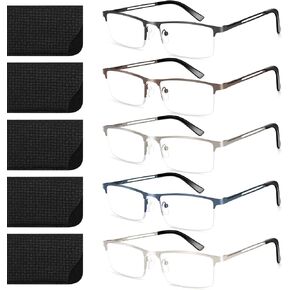 Reading Glasses Men 5 pack Metal Reading Glasses Blue Light Readers for Men, Half Frame Spring Hinge Glasses Women