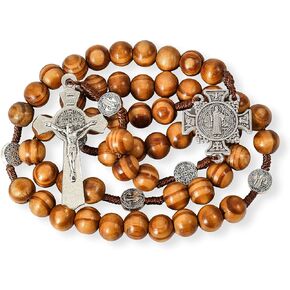 Nazareth Store Sacred St Benedict Wood Beads Rosary Solid Wooden Prayer Chaplet with Cross Saint Medal & Silver Jesus Crucifix