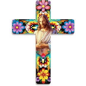 Putuo Decor Floral Cross Wall Decor Painted Decorative Wooden Inspirational Cross Spanish Style Wall Cross Decor Mexican Art Wall Decor Crucifix for Home Room Church Decoration