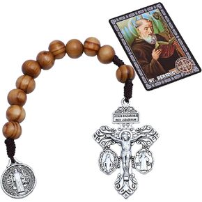 One Decade Pocket Rosary with St Benedict Medals,Wooden Small Rosary Beads for Men Catholic Gift,Medalla De San Benito Rosarios Catolicos Para Hombre,Pardon Crucifix La Cruz Del Perdon Catolica