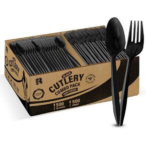1000 Pcs Black Plastic Utensils Set - 500 Plastic Forks And 500 Plastic Teaspoons Black Plastic Forks And Spoons Set - Black Plastic Silverware Set, Bulk Black Cutlery Set - Packaging May Vary