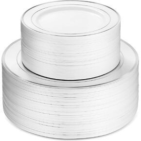 100 Silver Plastic Plates Set, 50 Pcs 10.25 Inch Plastic Dinner Plates and 50 Pcs 7.5 Inch Plastic Dessert Plates, Elegant Fancy Heavy Duty Disposable Plates for Party, Wedding, White with Silver Rim