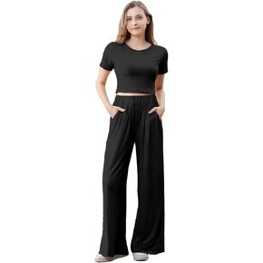 Betusline Women's casual 2 Piece Outfits Short Sleeve Crewneck Ribbed Knit Tops Wide Leg Pants Women Tracksuit Sweatsuit