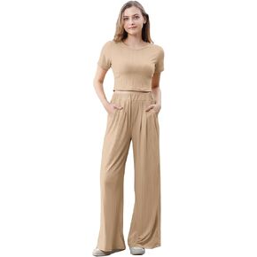 Betusline ملابس نسائية عادية 2 قطعة ملابس قصيرة الأكمام Crewneck مضلع متماسكة بنطال ذو قصة أرجل واسعة بدلة رياضية نسائية بدلة رياضية in Kuwait