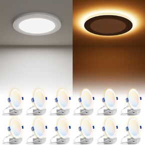 VOLISUN 12 Pack 4 Inch 5CCT Recessed Light with Night Light,Canless LED Recessed Lighting 4 inch,2700K-5000K Selectable,9.5W=80W,810LM Dimmable Recessed Ceiling Wafer Light,ETL Certificated