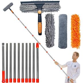 20 ft+ Reach Squeegee Window Cleaner Duster 2 in 1 Rotatable Window Cleaning Tool Kit with 3-14 ft Extension Pole, Window Washing Equipment for Indoor Outdoor Window Car Glass - 3 Pads