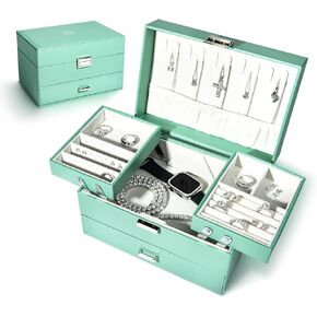 AnuClub Jewelry Box 3-Layer Jewelry Organizer Boxes for Women PU Leather Display Jewellery Storage Case for Earrings Rings Necklaces Bracelets Bangles Watch