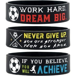 (6-Pack) Motivational Soccer Wristbands with Sports Quotes - Soccer Gifts Jewelry Accessories for Soccer Players Team Awards Party Favors - Unisex for Men Women Youth Teen Girls Boys