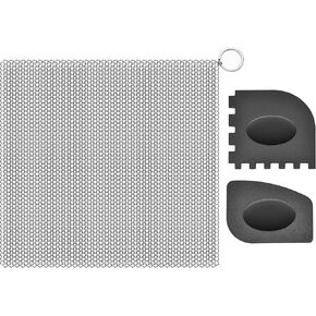 SUBEKYU Anti-Scratch Cast Iron Scrubber with Pan and Grill Scrapers, 316 Stainless Steel Chain Mail Scrubber Cast Iron Cleaner, Metal Cleaning Kit Tools Include Chainmail Scrubber, 6"x6"