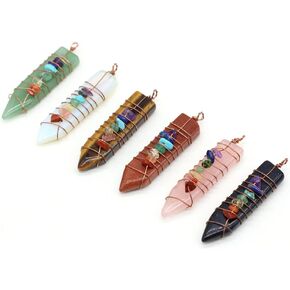 LHJ 4 Pcs Natural Stone Pendants Cone Shape 7 Chakra Reiki Healing Mixed Crystal Stone Charms Copper Wire Wrapped for Jewelry Making Necklace Meditation