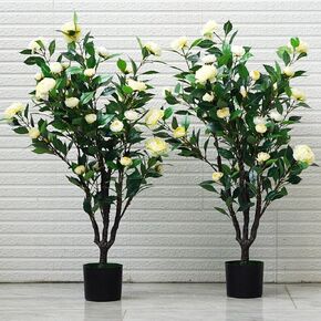 43" Artificial Camellia Tree 2 Pack 3.6Ft. Faux Plant 37 Ivory Flowers Greenery Potted Plant Artificial Topiaries