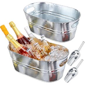 Ice Buckets for Parties 2 Pcs 3 Gallon Galvanized Beverage Metal Tub Hammered Texture Champagne Drink Wine Large Ice Bucket with Scoops for Cocktail Mimosa Bar Supplies