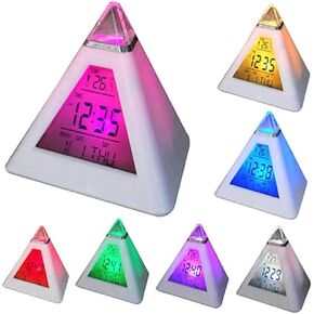 Digital LED Alarm Clock, Pyramid Shape Digital Led Alarm Clock Time Date Temperature Display 7 Colors Changing Night Light Desk Clock with Temperature Time Date for Bedroom Living Room (White)