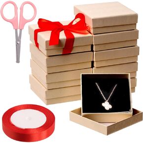 Tanstic 12Pcs Cardboard Jewelry Gift Boxes Kit, 3.5 x 3.5 x 1.2 Inch Beige Gift Boxes Cardboard Jewelry Boxes with 74ft Red Ribbon and Scissor for Rings, Necklaces, Earrings, Bracelets in Kuwait