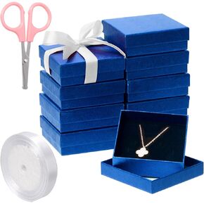 Tanstic 12Pcs Cardboard Jewelry Gift Boxes Kit, 3.5 x 3.5 x 1.2 Inch Beige Gift Boxes Cardboard Jewelry Boxes with 74ft Red Ribbon and Scissor for Rings, Necklaces, Earrings, Bracelets