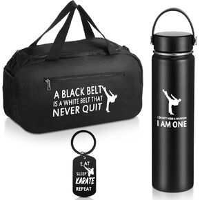 Layhit 3 Pcs Karate Gifts for Boy Girl Include Large Martial Art Duffel Bag 24 oz Stainless Steel Sport Water Bottle Karate Keychain Taekwondo Gifts for Sport Active Athletes Gym Back to School