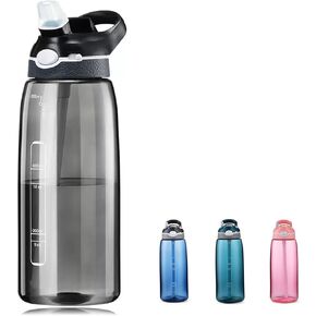 زجاجة مياه سوداء من DEARART بسعة 32 أونصة مع قش ضيق، فوهة مخفية مقاومة للتسرب بنسبة 100% خالية من البيسفينول أ، زجاجات مياه شفافة لها مقبض بفم واسع وسهل التنظيف، تناسب صالة الألعاب الرياضية والمشي والمكتب والسفر وما إلى ذلك. in Kuwait