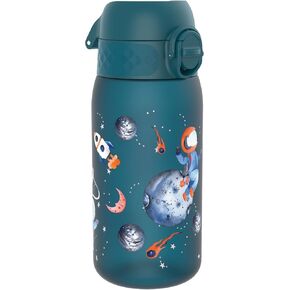 ION8 Small Water Bottle, 350 ml/12 oz, Leak Proof, Easy to Open, Secure Lock, Dishwasher Safe, BPA Free, Carry Handle, Flip Cover, Easy Clean, Odor Free, Carbon Neutral, Deep Teal, Space Travel Design