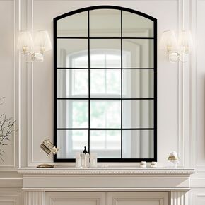 Arched Window Metal Mirror, Black Large Rustic Windowpane Wall Mirror for Decor Living Room Entry Bedroom(24"x36")