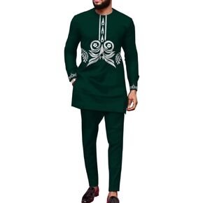 African Outfits for Men 2 Piece Sets Long Sleeve Dashiki African Shirts and Pant Gold Print African Mens Clothing