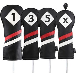 Majek Retro Golf Headcovers Black Red and White Vintage Leather Style 1 3 5 X Driver and Fairway Head Covers Fits 460cc Drivers Classic Look