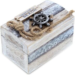 CoTa Global Silver Sea Wooden Jewelry Box - Handcrafted Nautical Trinket with Anchor and Starfish, Accent Tabletop Home Decor - Small, 4 Inch, Color May Vary