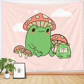 YahonLee Cute Frog Mushroom Hat Kawaii Pink Tapestry,Art Aesthetic Wall Hanging Bedding Tapestry for Teen Boy's Girl's Bedroom Funny Living Room Dorm Home Decor (59.1" x78.7) in Saudi Arabia